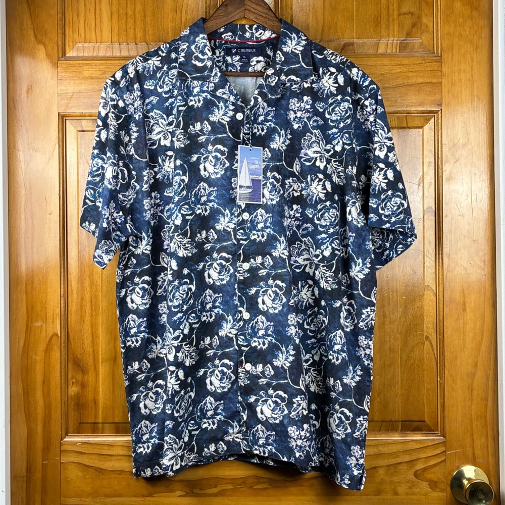 Cremieux St Tropez Mens XL Blue Floral Rose Cotton SS Button Down Shirt